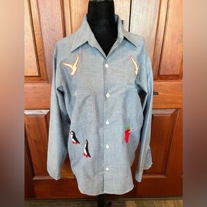 Vintage Montgomery Ward Chambray Embroidered Hippy Sea Gull Owl Sz M